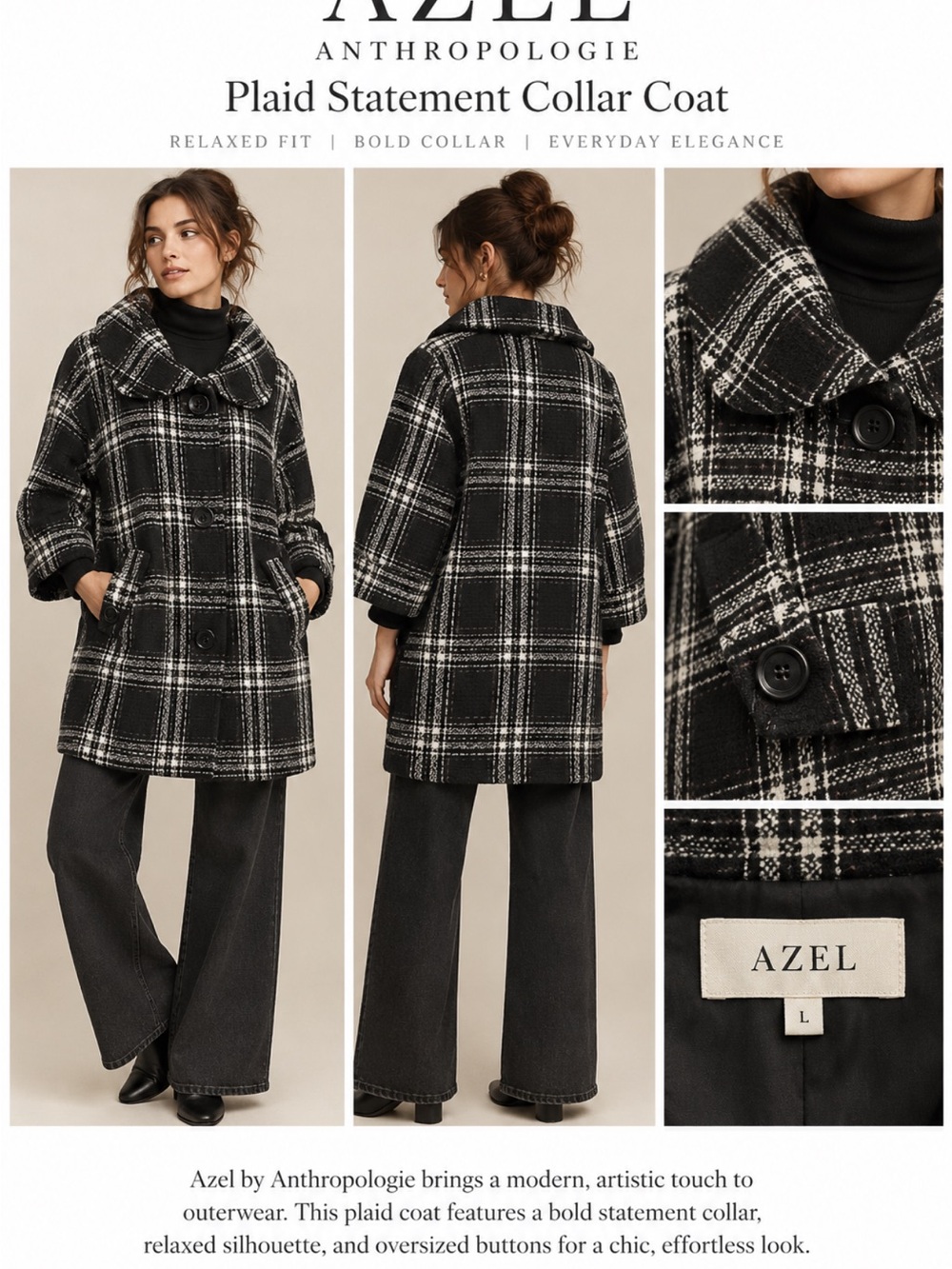 Azel Hazel Anthropologie Black White Plaid Statement Collar Coat L